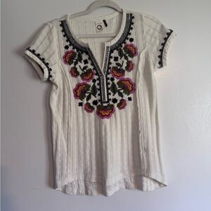 Anthropologie White Blouse with Pink and Black Embroidery